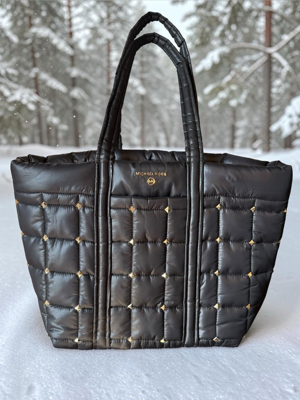 Michael Kors Stirling Large Studded Quilted Puffy Tote Bag Black Like New - Picture 2 of 7